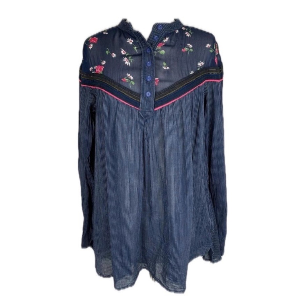 Free People Navy Floral Embroidered Boho Western Flowy Top Dress 100% cotton